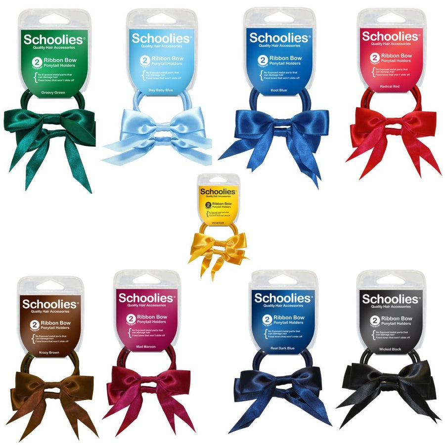 Schoolies Ribbon Bow Ponytail Holders 2pc Various Colours