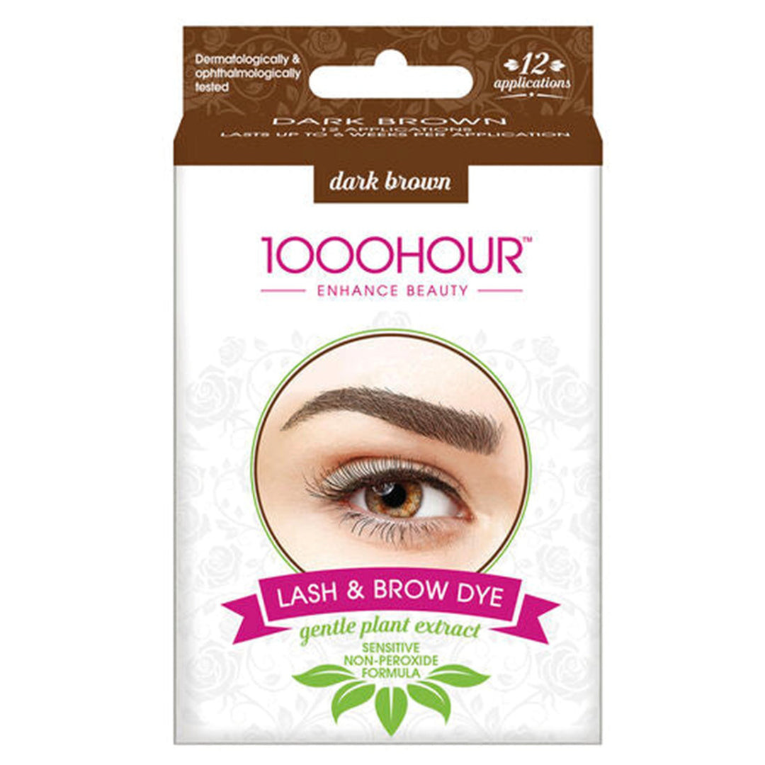 1000 Hour Lash &amp; Brow Dye Kit Dark Brown with NEW Brush-in Gel, gentle plant extract, dermatologically and ophthalmologically tested.