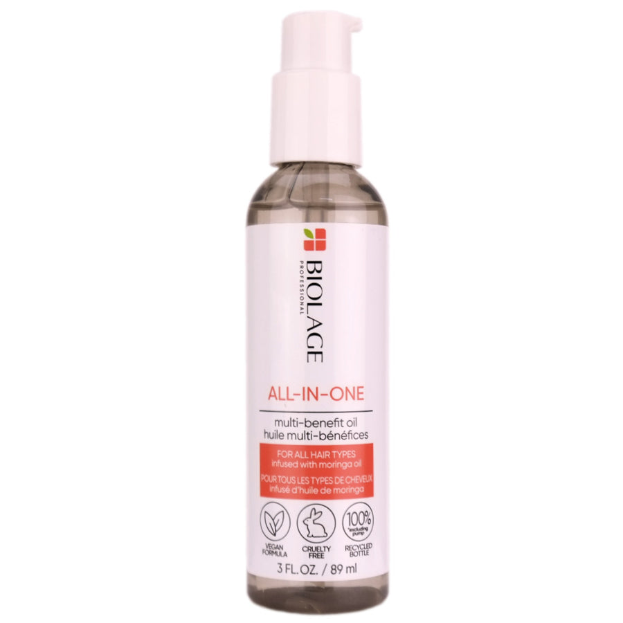 Biolage All In One Multi-Benefit Oil is a weightless styling oil thet helps to nourish detangle, and tame frizz for all hair types.