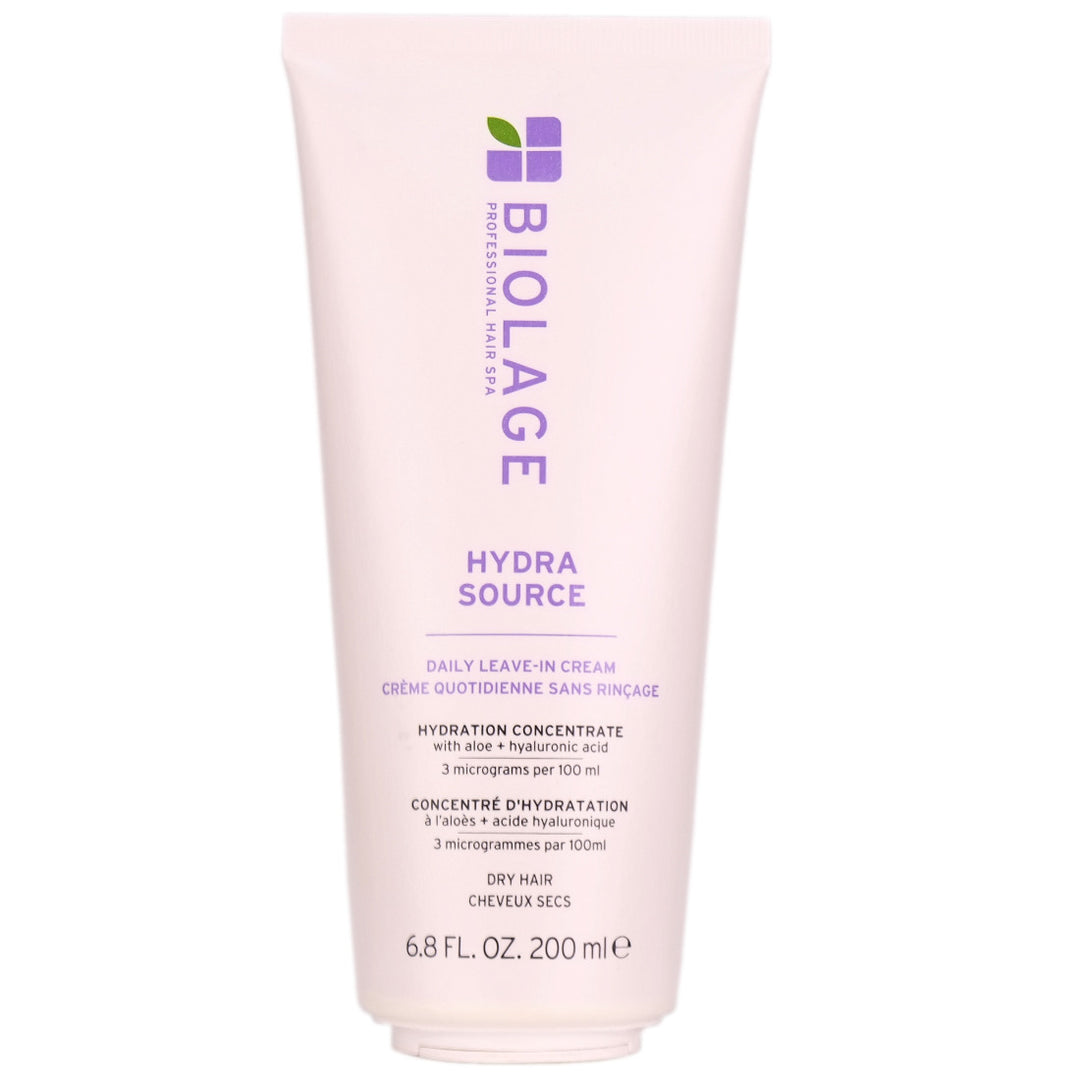 Biolage Hydra Source Leave-In Cream is infused with aloe vera and fermented hyaluronic for smooth, weightless hydration, shiny and frizz-free hair.