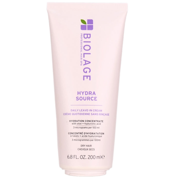 Biolage Hydra Source Leave-In Cream is infused with aloe vera and fermented hyaluronic for smooth, weightless hydration, shiny and frizz-free hair.