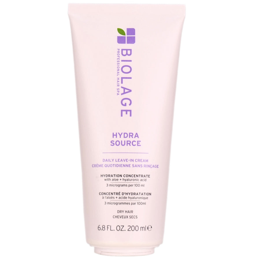Biolage Hydra Source Leave-In Cream is infused with aloe vera and fermented hyaluronic for smooth, weightless hydration, shiny and frizz-free hair.