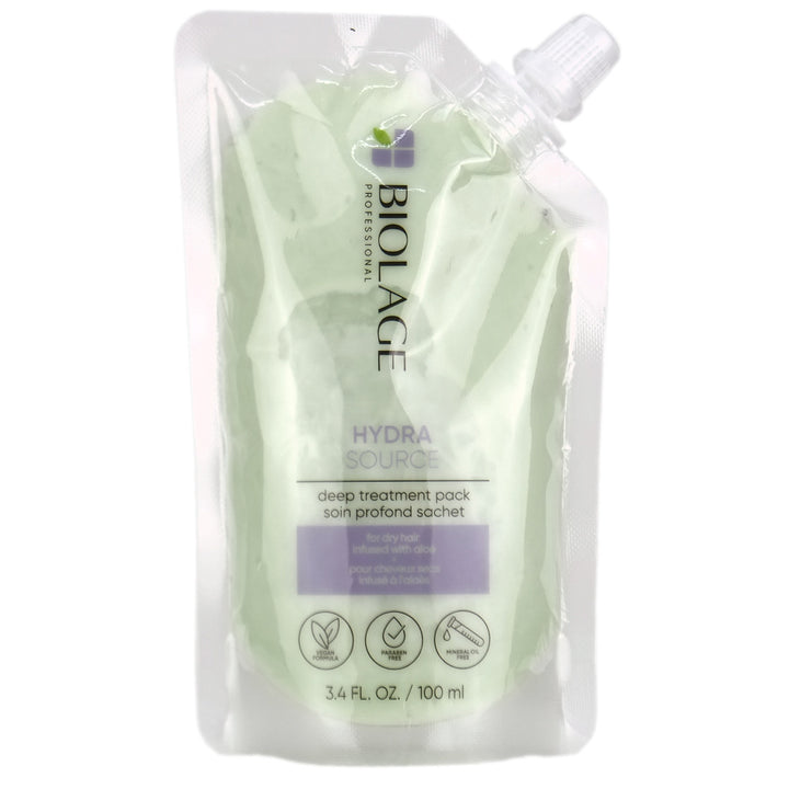 Biolage Hydra Source Deep Treatment Pack 100ml provides deep hydration to very dry or damaged hair, leaving hair nourished, soft, shiny and restores manageability.