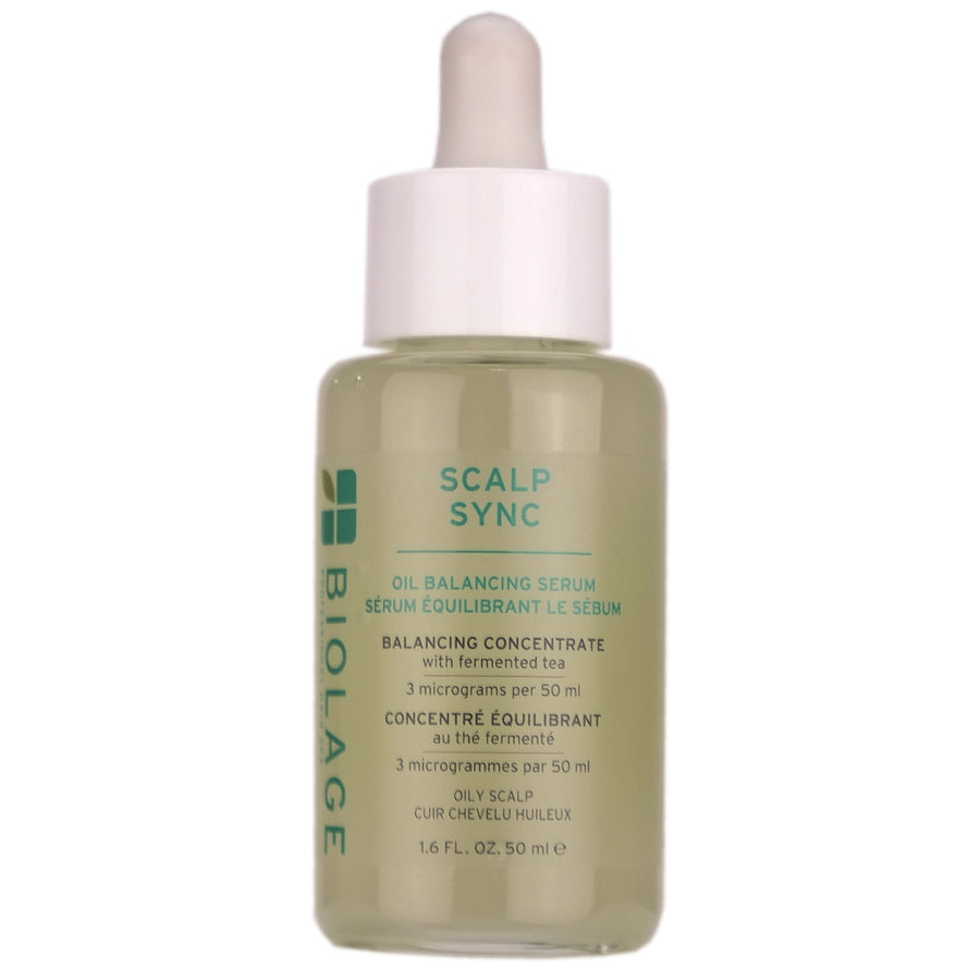 Biolage Scalp Sync Oil Balancing Serum absorbs scalp oil, keeps hair strand oil-free between washes, and leaves scalp feeling fresh for up to 48 hours.