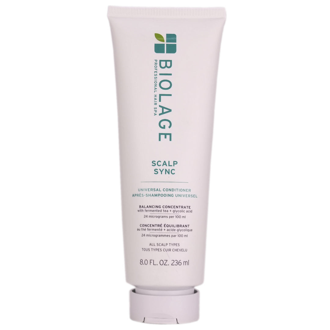 Biolage Scalp Sync Universal Conditioner infused micro-dosed with fermented tea and glycolic acid for lightweight conditioning and a balanced scalp.