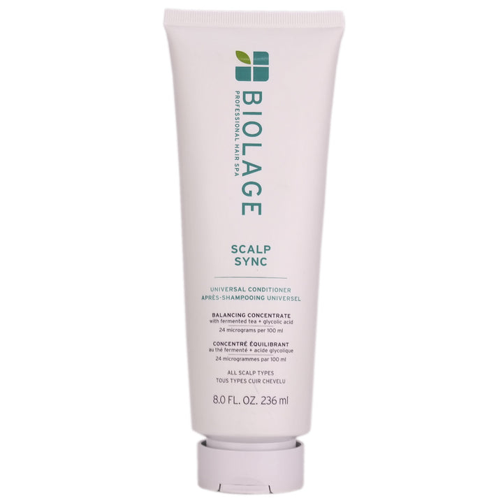 Biolage Scalp Sync Universal Conditioner infused micro-dosed with fermented tea and glycolic acid for lightweight conditioning and a balanced scalp.