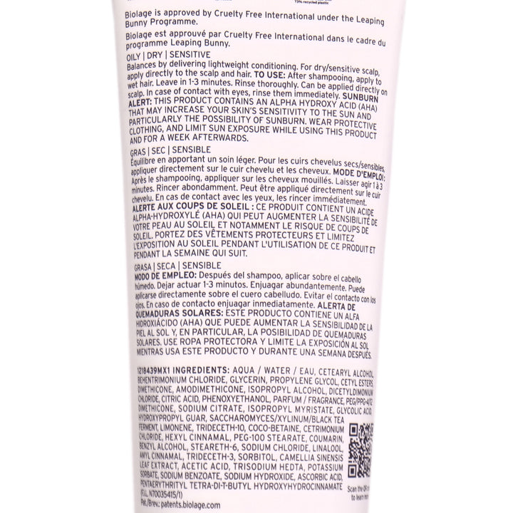 Biolage Scalp Sync Universal Conditioner infused micro-dosed with fermented tea and glycolic acid for lightweight conditioning and a balanced scalp.