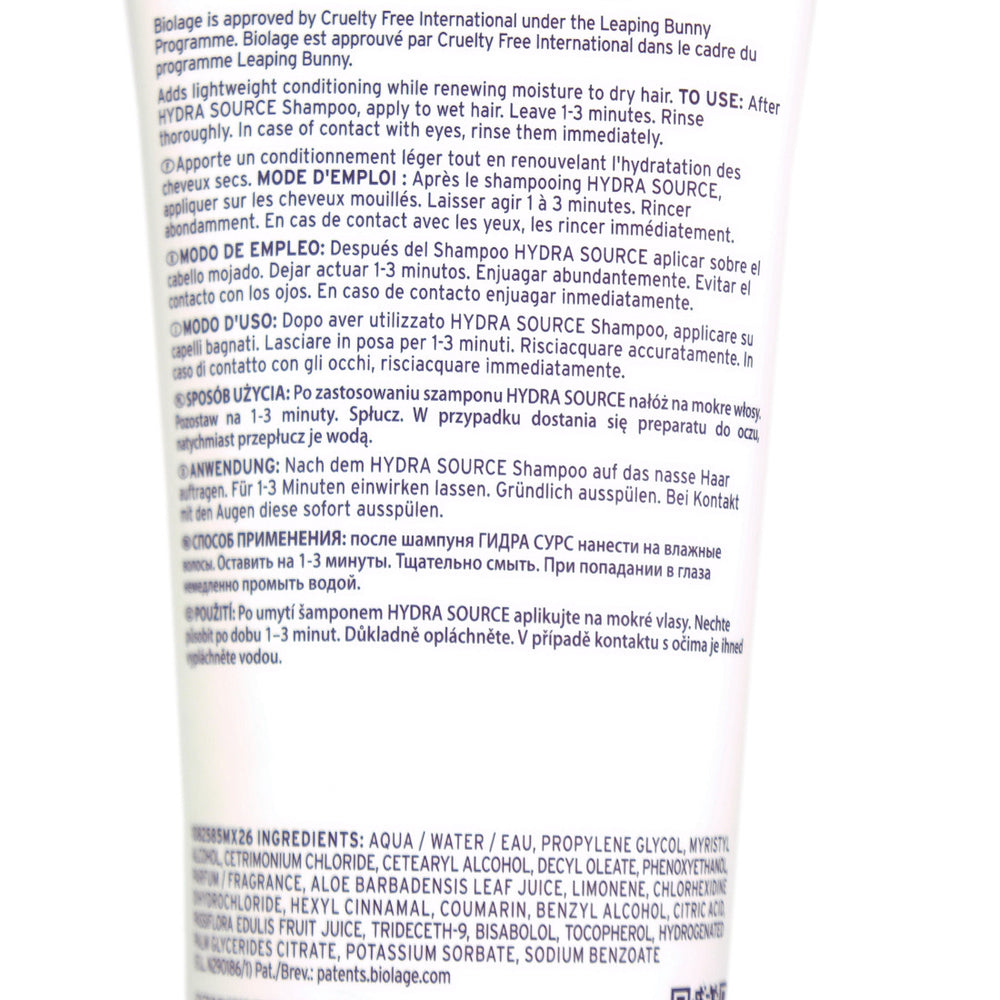 Biolage Hydra Source Conditioning Balm is infused with aloe vera, delivering lightweight and touchable hydration, without weighing the hair down.