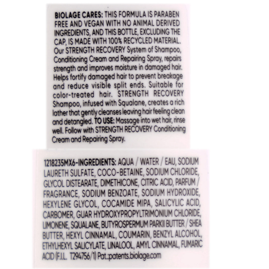 Biolage Strength Recovery Shampoo gently cleanses, detangles and leaves hair stronger after one use. Suitable for damaged hair.