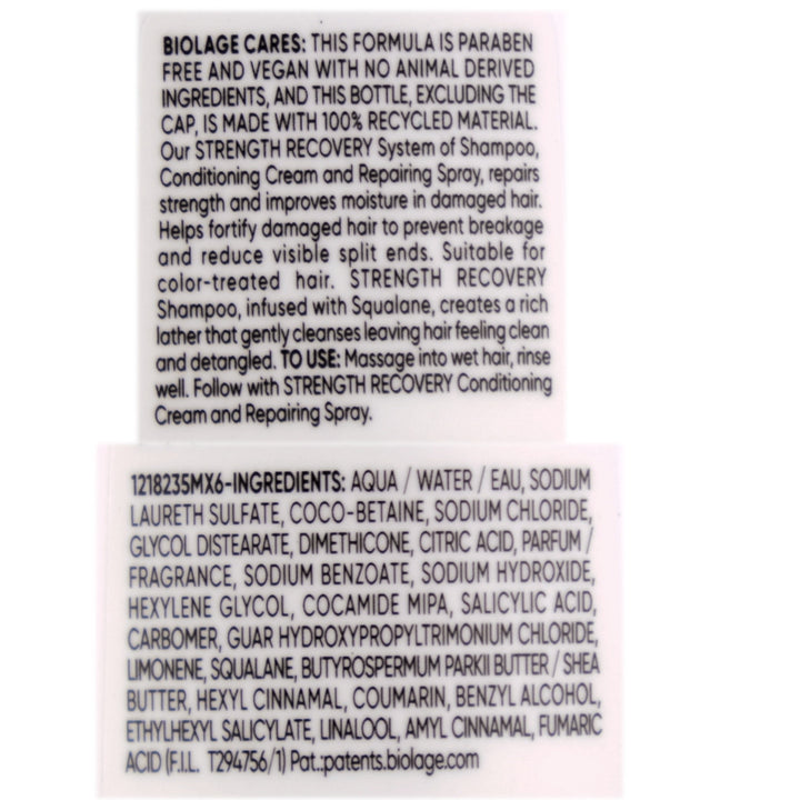 Biolage Strength Recovery Shampoo gently cleanses, detangles and leaves hair stronger after one use. Suitable for damaged hair.