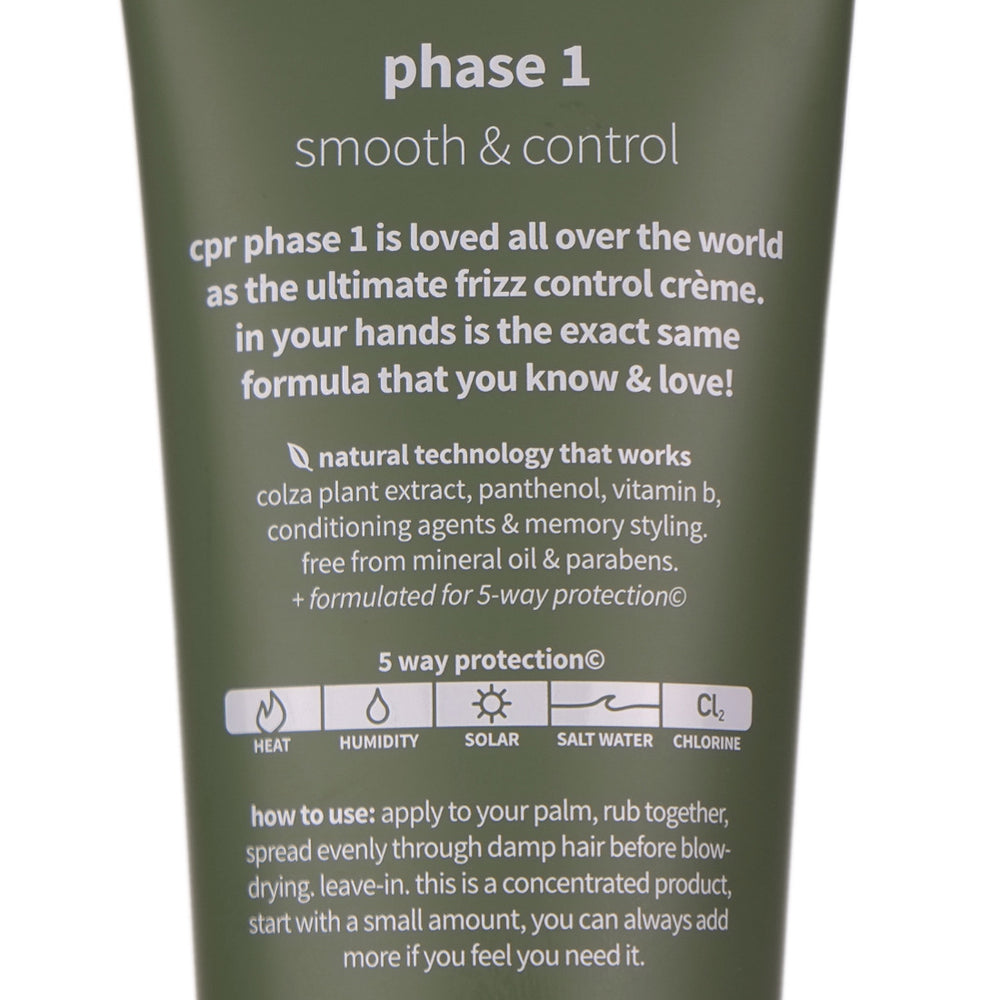 CPR Phase 1 Smoothing Cream is a softening, conditioning styling aid that protects the hair from heat, humidity, static and moisture loss.