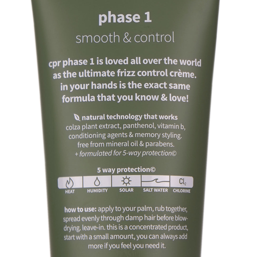 CPR Phase 1 Smoothing Cream is a softening, conditioning styling aid that protects the hair from heat, humidity, static and moisture loss.