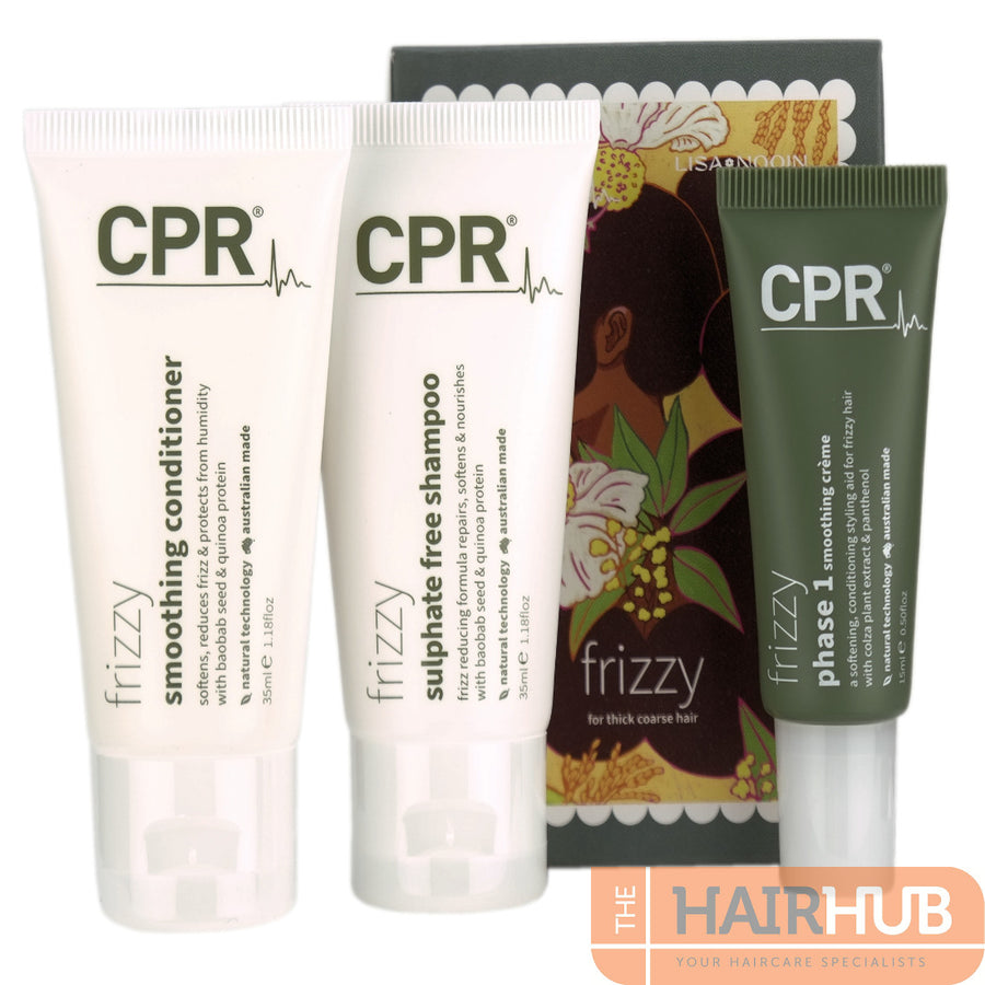 CPR Frizzy Trio Travel Size Pack is the perfect combo haircare to strengthen, condition and bind moisture within the cortex for smoother soft-to-touch hair that repels humidity, for lasting frizz control.