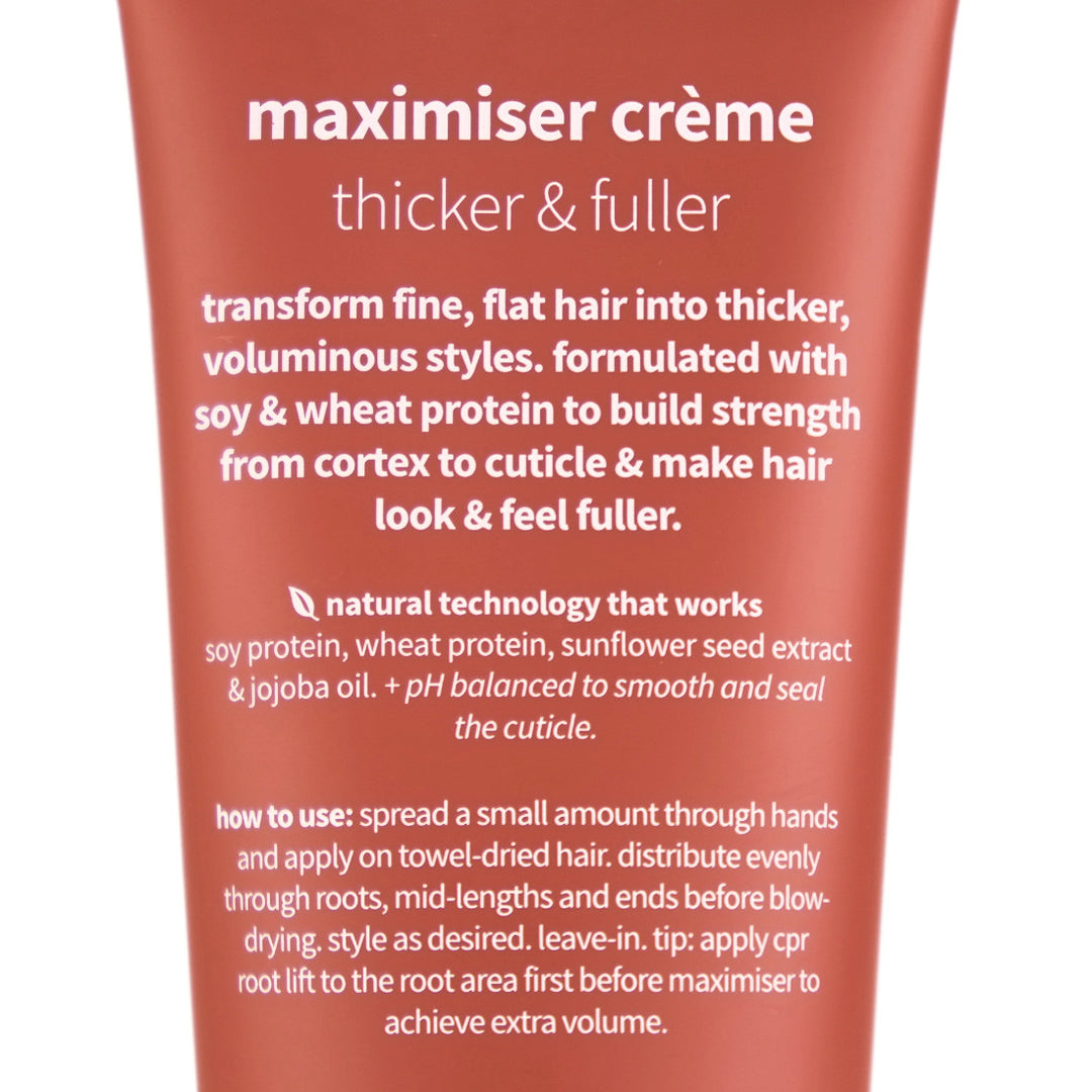 CPR Maximiser Thickening Creme transforms fine, flat hair into thicker, voluminous styles.  Formulated with Soy & Wheat protein to build strength from cortex to cuticle and make hair look and feel fuller.