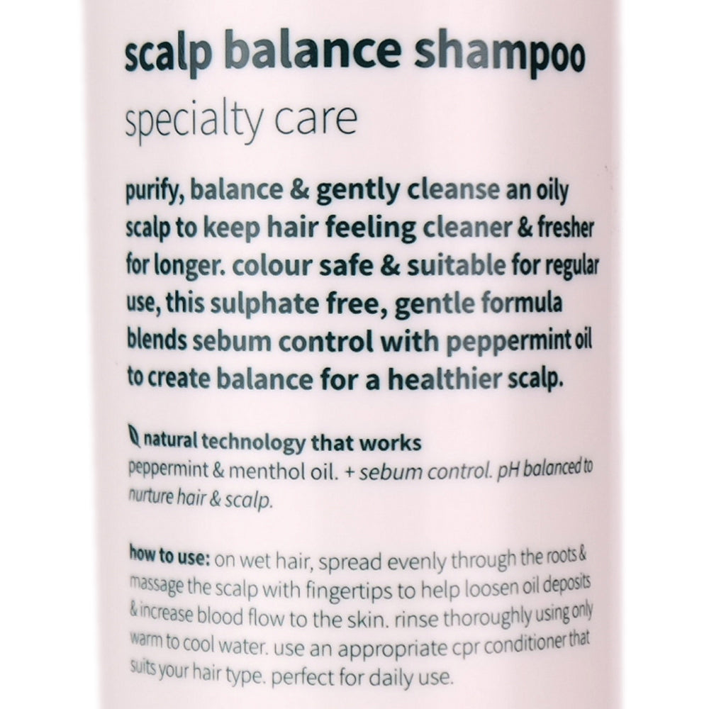 CPR Rescue Scalp Balance Shampoo helps to purify the scalp and keep hair clean longer with this gentle, sebum regulating formula.  Regulating sebum production is important to reduce scalp oiliness that leads to an oily, weighed-down feel of the hair.
