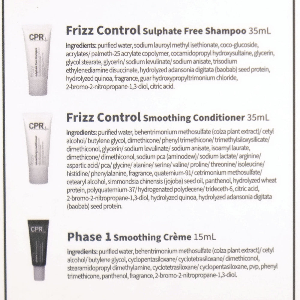 CPR Frizzy Trio Travel Size Pack is the perfect combo haircare to strengthen, condition and bind moisture within the cortex for smoother soft-to-touch hair that repels humidity, for lasting frizz control.