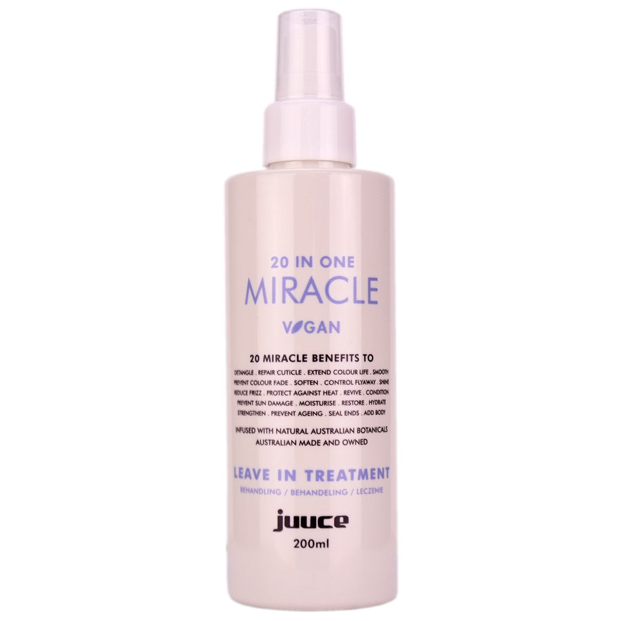 Juuce 20 IN ONE Miracle is an all-in-one leave in treament with 20 instant benefits to de-frizz, repair and moisturise the hair.