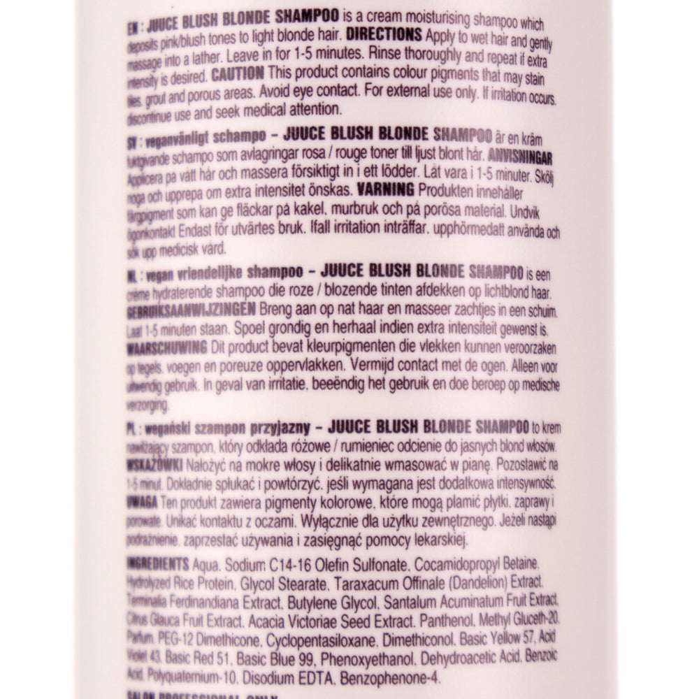 <strong>Juuce Blush Blonde Shampoo</strong> is a cream moisturising shampoo which deposits pink blush tones to light blonde hair.