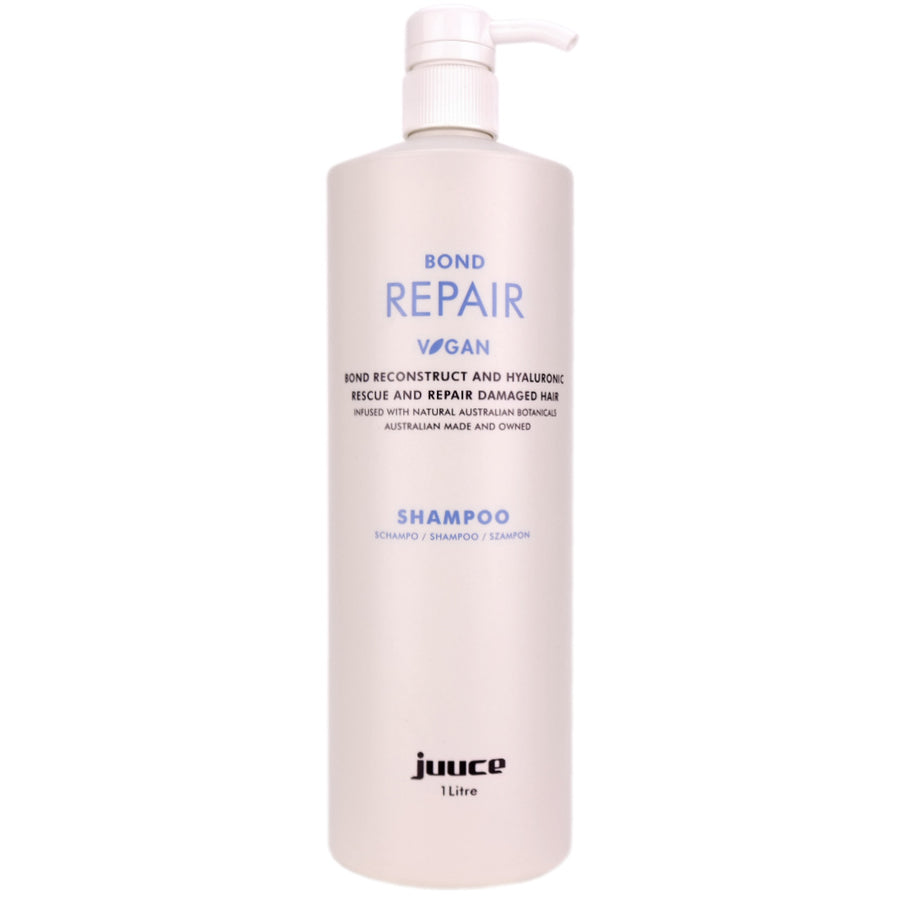 Juuce Bond Repair Shampoo in a larger 1 Litre Bottle gently cleanses and restores strength to dry, distressed hair, making it more healthy &amp; manageable.