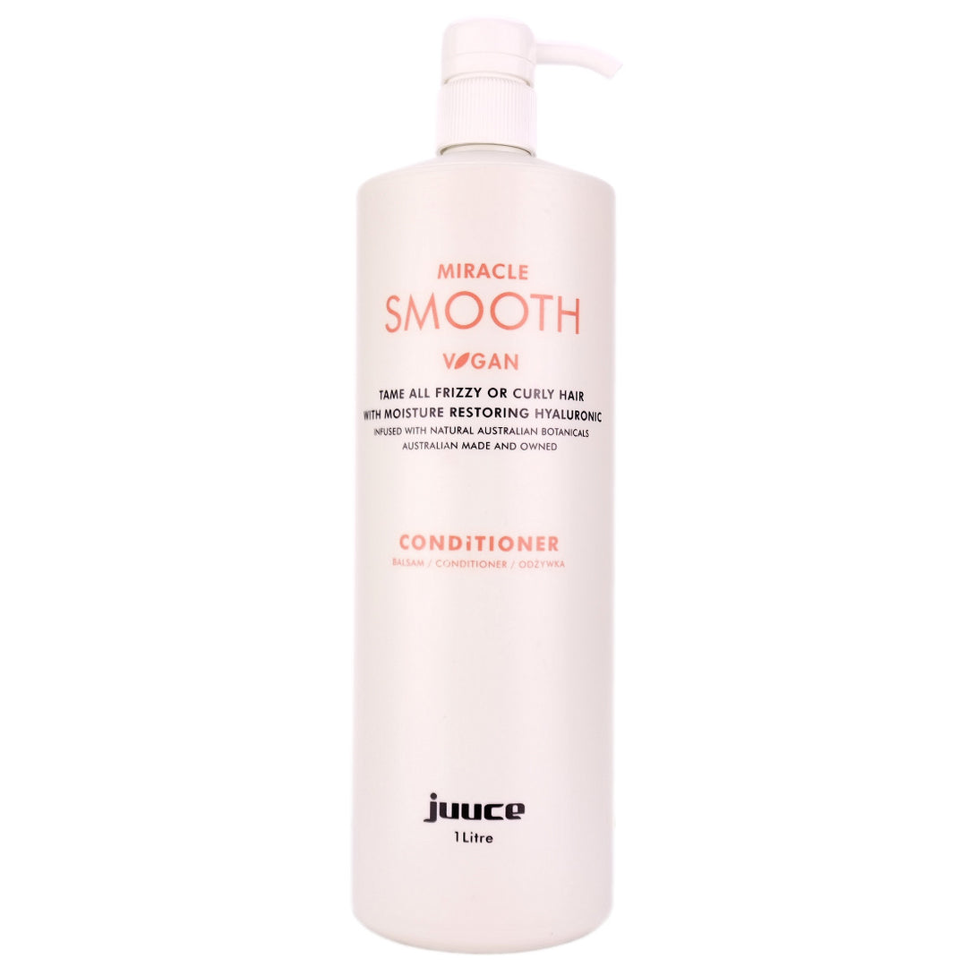 Juuce Miracle Smooth Conditioner in a large 1 Litre Bottle softens, detangles, nourishes and controls frizz for shiny, touchable hair.