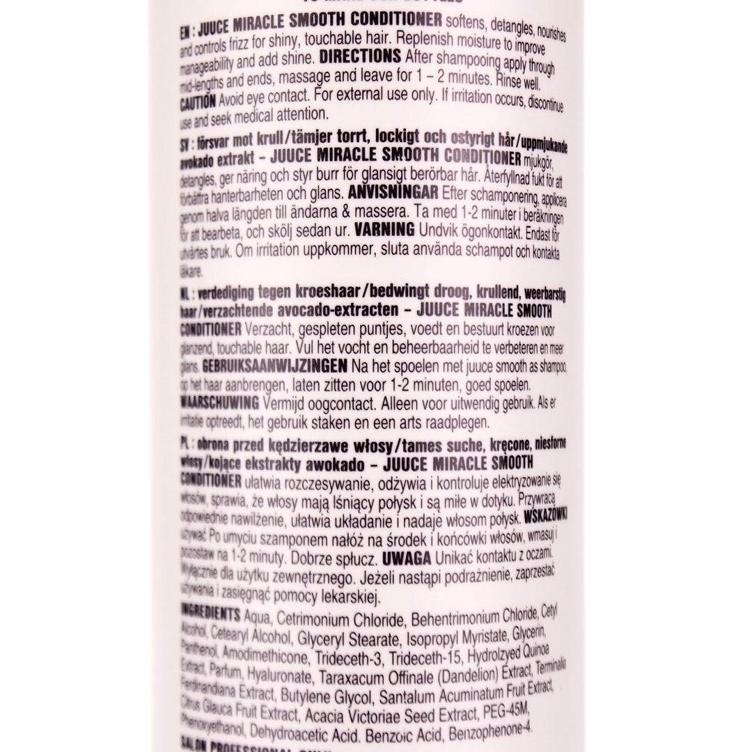 Juuce Miracle Smooth Conditioner in a large 1 Litre Bottle softens, detangles, nourishes and controls frizz for shiny, touchable hair.