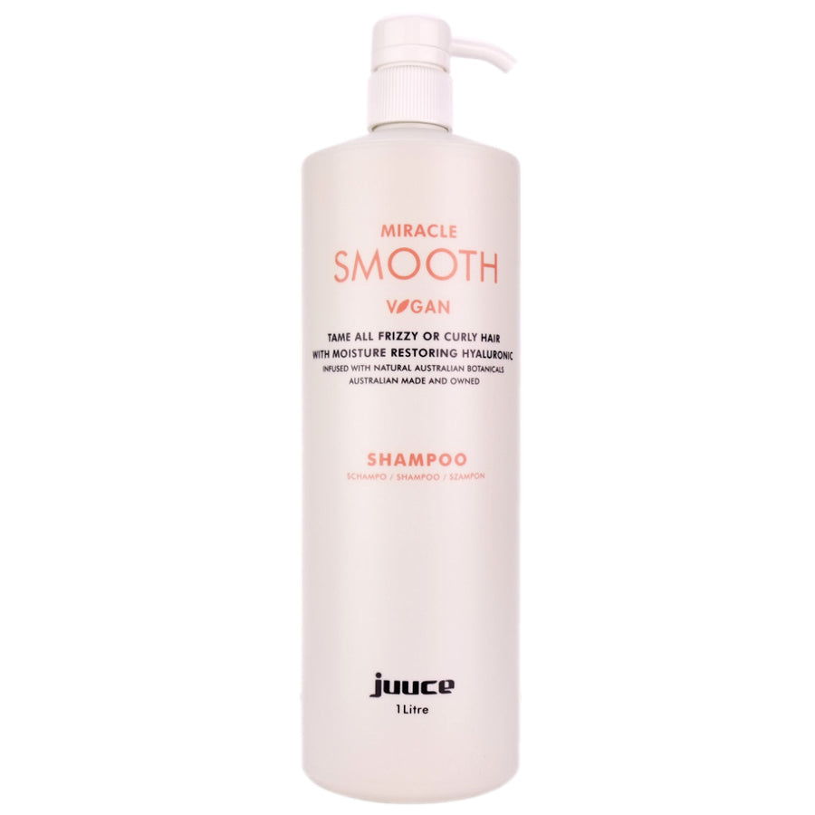 Juuce Miracle Smooth Shampoo in a large 1 Litre Bottle gently cleanses dry, curly, frizzy or course hair. Helps to tame unruly dry hair, replenish moisture to improve manageability and shine.