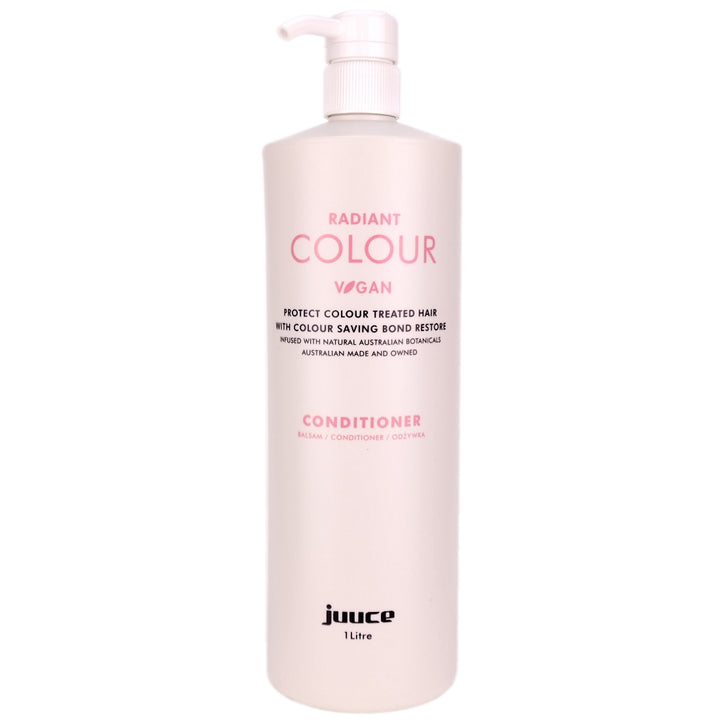 Juuce Radiant Colour Conditioner in a larger 1 Litre bottle, conditions, detangles, protects, defends and helps extend colour life, after a salon visit.