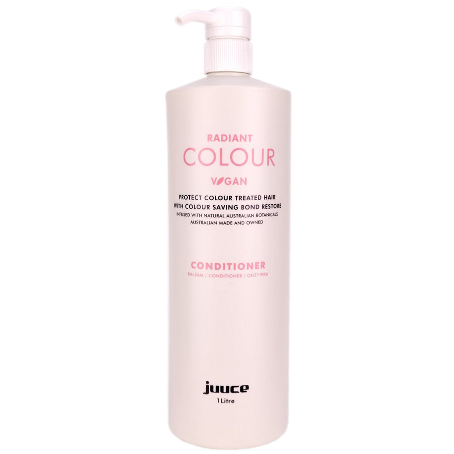 Juuce Radiant Colour Conditioner in a larger 1 Litre bottle, conditions, detangles, protects, defends and helps extend colour life, after a salon visit.