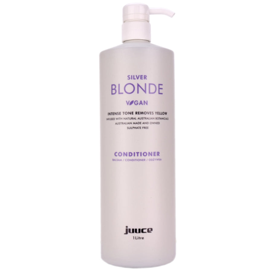 Juuce Silver Blonde Conditioner in a larger 1 Litre Bottle helps maintain a cool or neutral tone while protecting and moisturising blonde hair.