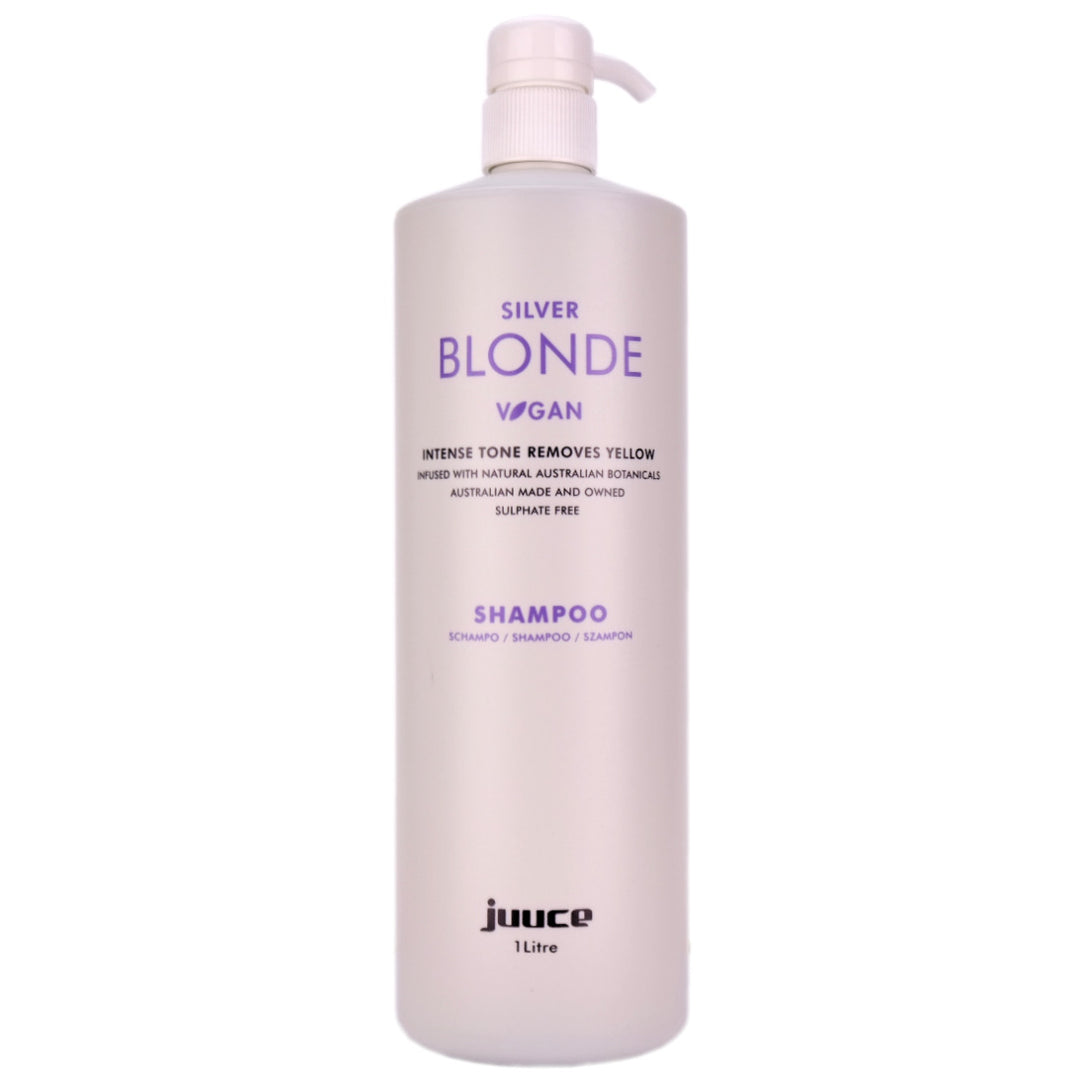 Juuce Silver Blonde Shampoo in a larger 1 Litre bottle Dramatically reduces gold and yellow tones in all blonde, bleached, grey and highlighted hair.