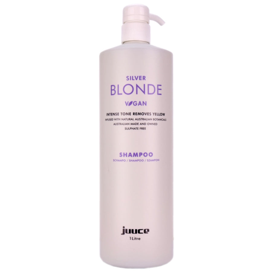 Juuce Silver Blonde Shampoo in a larger 1 Litre bottle Dramatically reduces gold and yellow tones in all blonde, bleached, grey and highlighted hair.