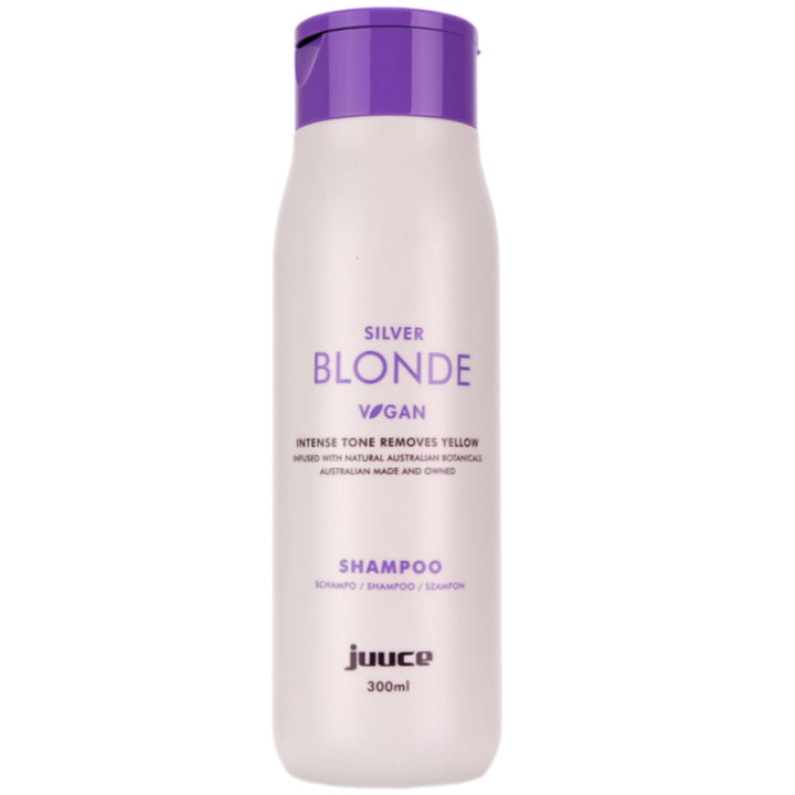 <strong>Juuce Silver Blonde Shampoo</strong> has intense violet tones to dramatically reduce gold and yellow tones in all blonde, bleached, grey and highlighted hair.&nbsp;