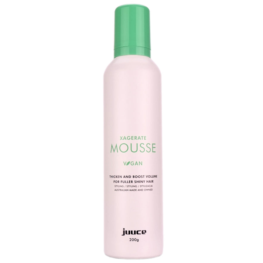 Juuce Xagerate Mousse increases body and bounce for fuller looking hair with thickening control.