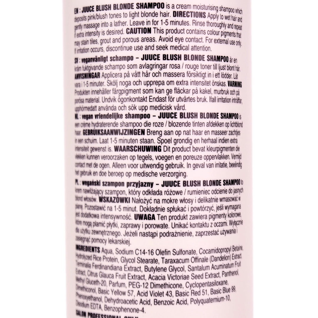 Juuce Blush Blonde Shampoo 1 Litre is a cream moisturising shampoo which deposits pink blush tones to light blonde hair.