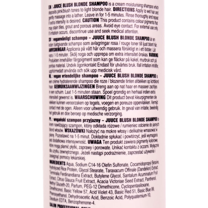 Juuce Blush Blonde Shampoo 1 Litre is a cream moisturising shampoo which deposits pink blush tones to light blonde hair.