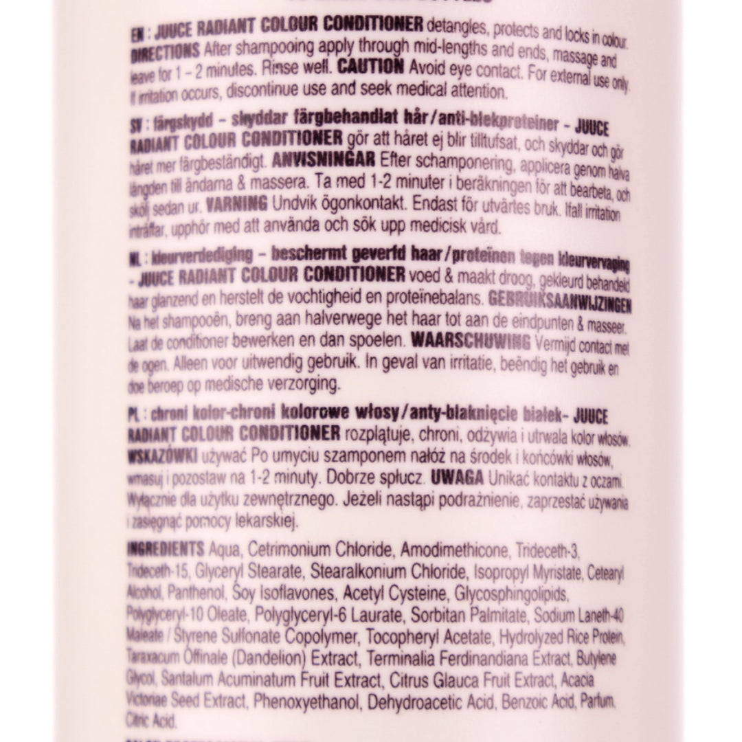 Juuce Radiant Colour Conditioner&nbsp;conditions, detangles, protects, defends and helps extend colour life, after a salon visit.