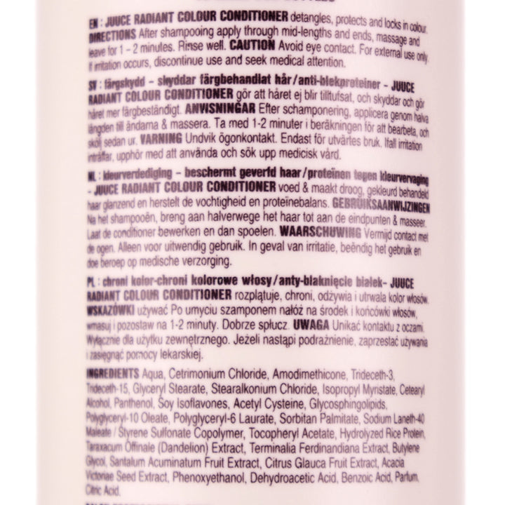Juuce Radiant Colour Conditioner&nbsp;conditions, detangles, protects, defends and helps extend colour life, after a salon visit.
