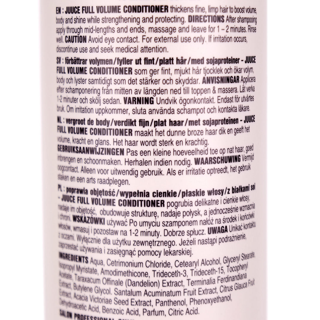 Juuce Full Volume Conditioner 1 Litre is formulated to help thicken fine, limp hair,&nbsp; boost volume, body and shine while strengthening and protecting.