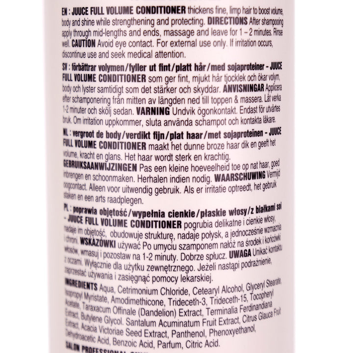 Juuce Full Volume Conditioner 1 Litre is formulated to help thicken fine, limp hair,&nbsp; boost volume, body and shine while strengthening and protecting.