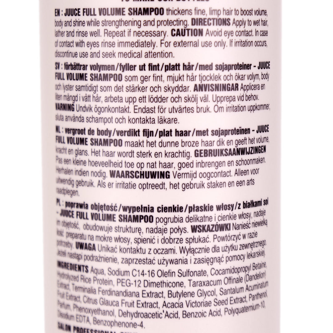 Juuce Full Volume Shampoo 1 Litre is formulated to enhance volume and bounce. Helps thicken fine, limp hair and shine while strengthening and protecting.