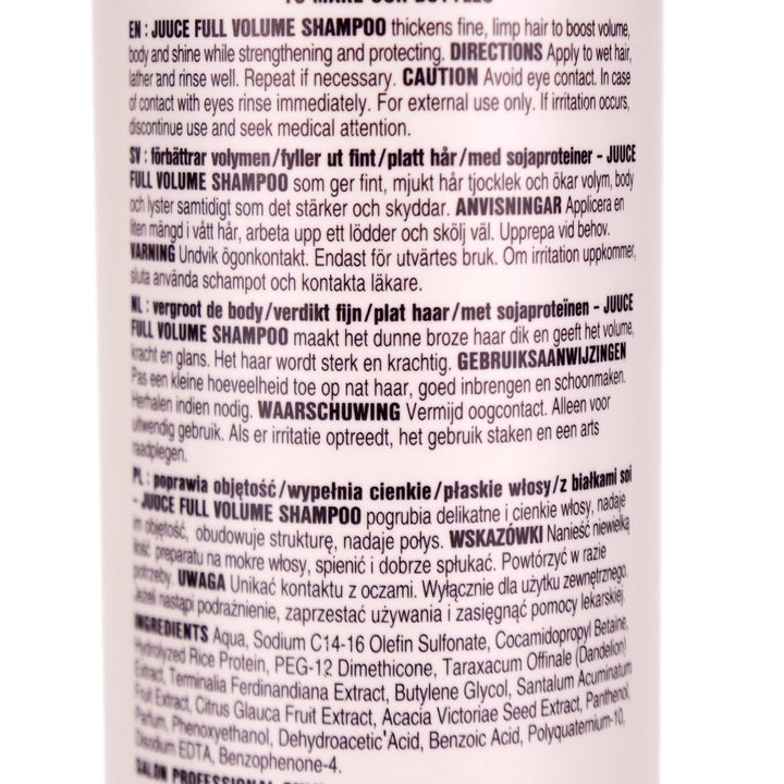 Juuce Full Volume Shampoo 1 Litre is formulated to enhance volume and bounce. Helps thicken fine, limp hair and shine while strengthening and protecting.