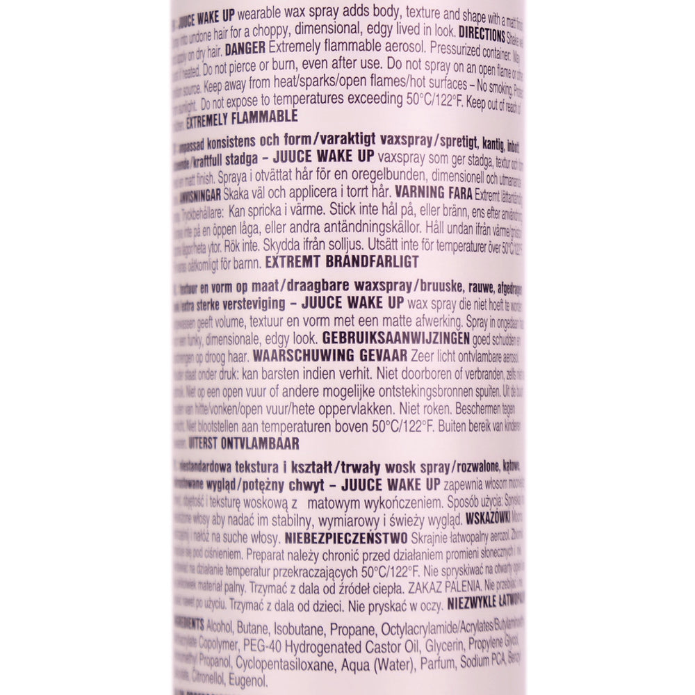 Juuce Wake Up is a wearable wax spray adds body, texture and shape with a matt finish. Spray into undone hair hair for a choppy, dimensional, edgy lived in look.