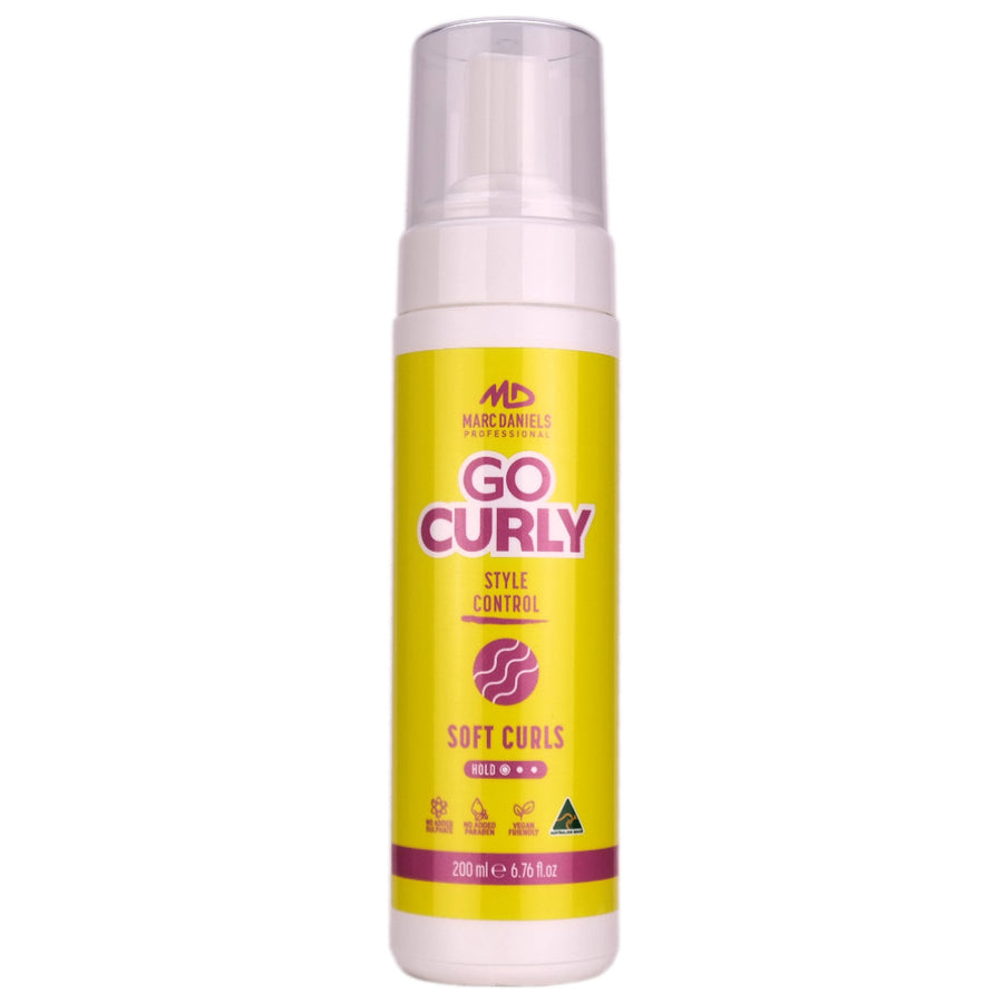 Marc Daniels Go Curly Soft Curls is a styling foam that encourages a soft, natural curl and provides frizz hair, even in humid climates.