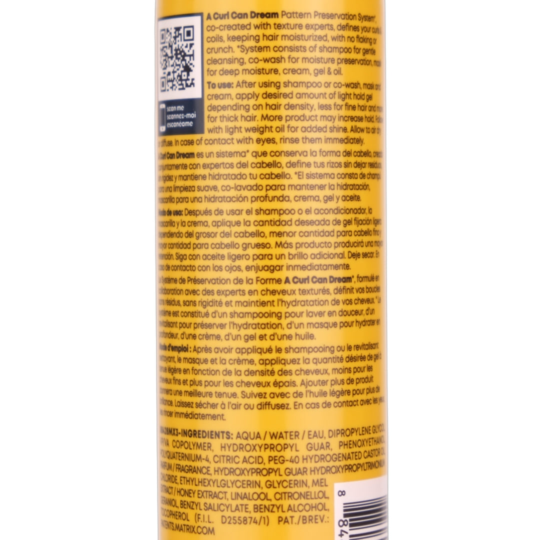 Matrix A Curl Can Dream Light-Hold Gel is for curls and coils, infused with Manuka honey extract and is a defining hair gel that layers perfectly over A Curl Can Dream Moisturizing Cream, without flaking or crunch.