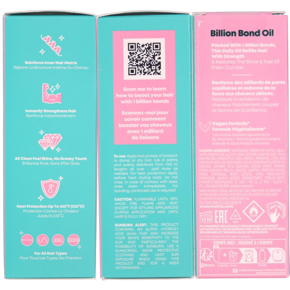 Matrix Instacure Build-A-Bond Billion Bond Oil actively repairs mega damaged hair with a professional bonding formula infused with Citric Acid and Amino Acids.