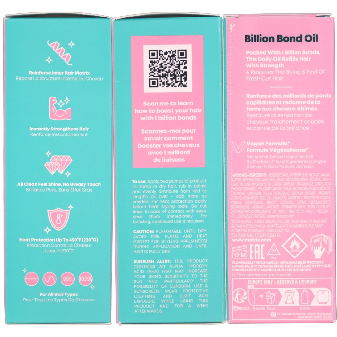 Matrix Instacure Build-A-Bond Billion Bond Oil actively repairs mega damaged hair with a professional bonding formula infused with Citric Acid and Amino Acids.