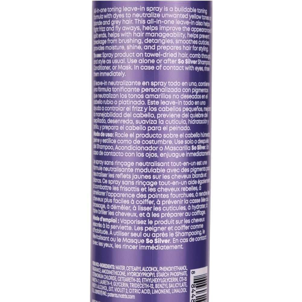 Matrix So Silver Toning Spray 200ml helps banishes brassy tones and enhances the vibrancy of blonde and silver hair.
