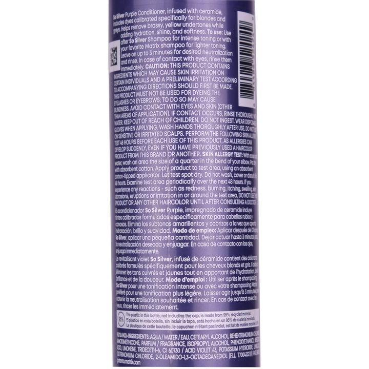 Matrix So Silver Purple Conditioner in a 300ml bottle is a premium hydrating conditioner that helps lock in neutralization for light blonde, platinum and grey hair.
