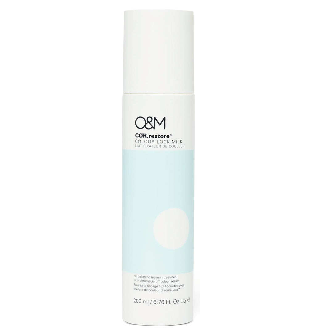 O&M CØR.restore Colour Lock Milk is a pH-balanced spray leave-in treatment and a protein-rich complex to seal in colour vibrancy and fortify hair from within.