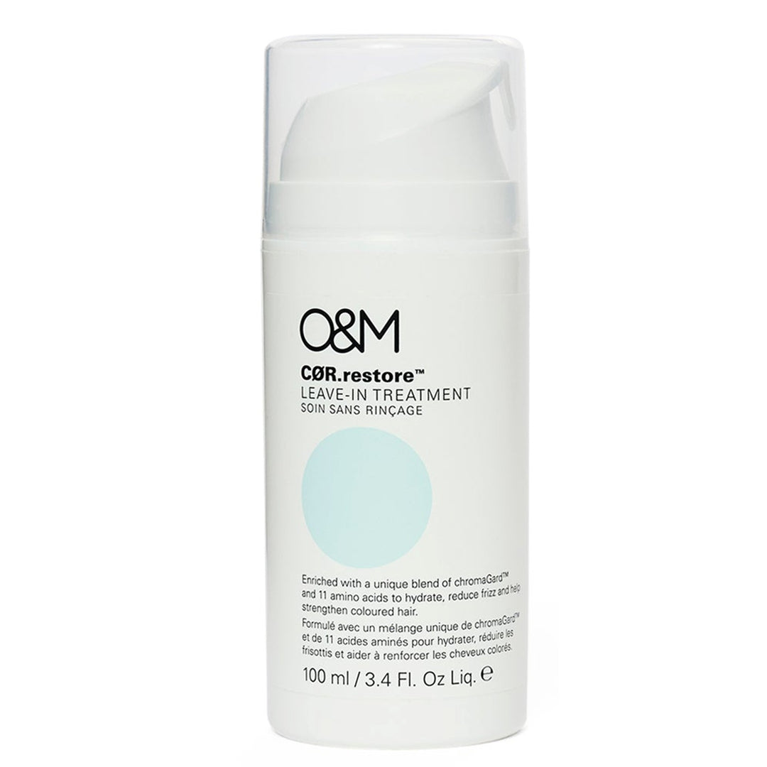 O&M CØR.restore Leave-In Treatment is designed to protect, repair, and strengthen coloured hair and help seal the cuticle for a smooth, glass-like finish.